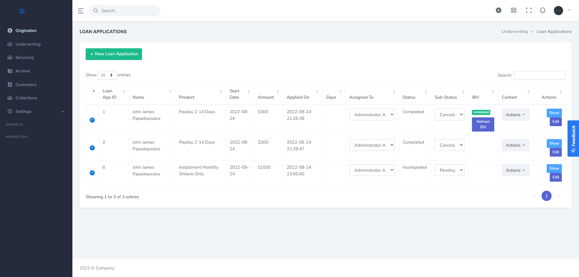 Loan application origination screen in AppliedLMS Consumer